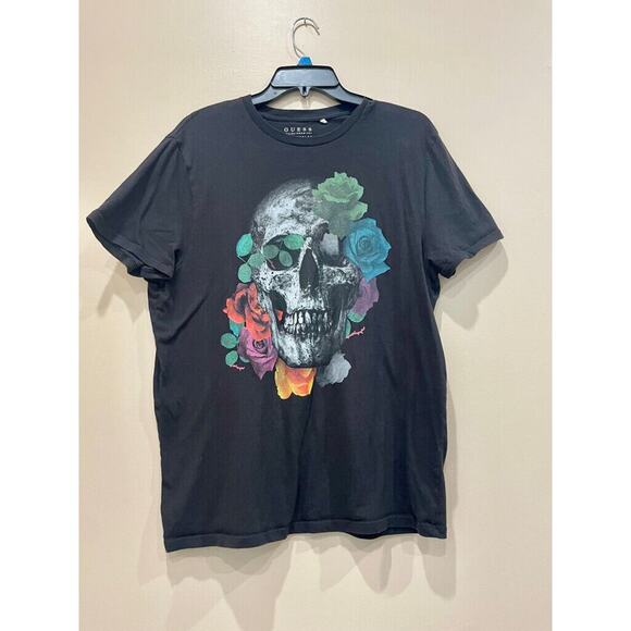 GUESS T-SHIRT SKULL ROSES GRAPHIC PRINT SIZE LARGE BLACK EMO GOTHIC CORE - Picture 8 of 12
